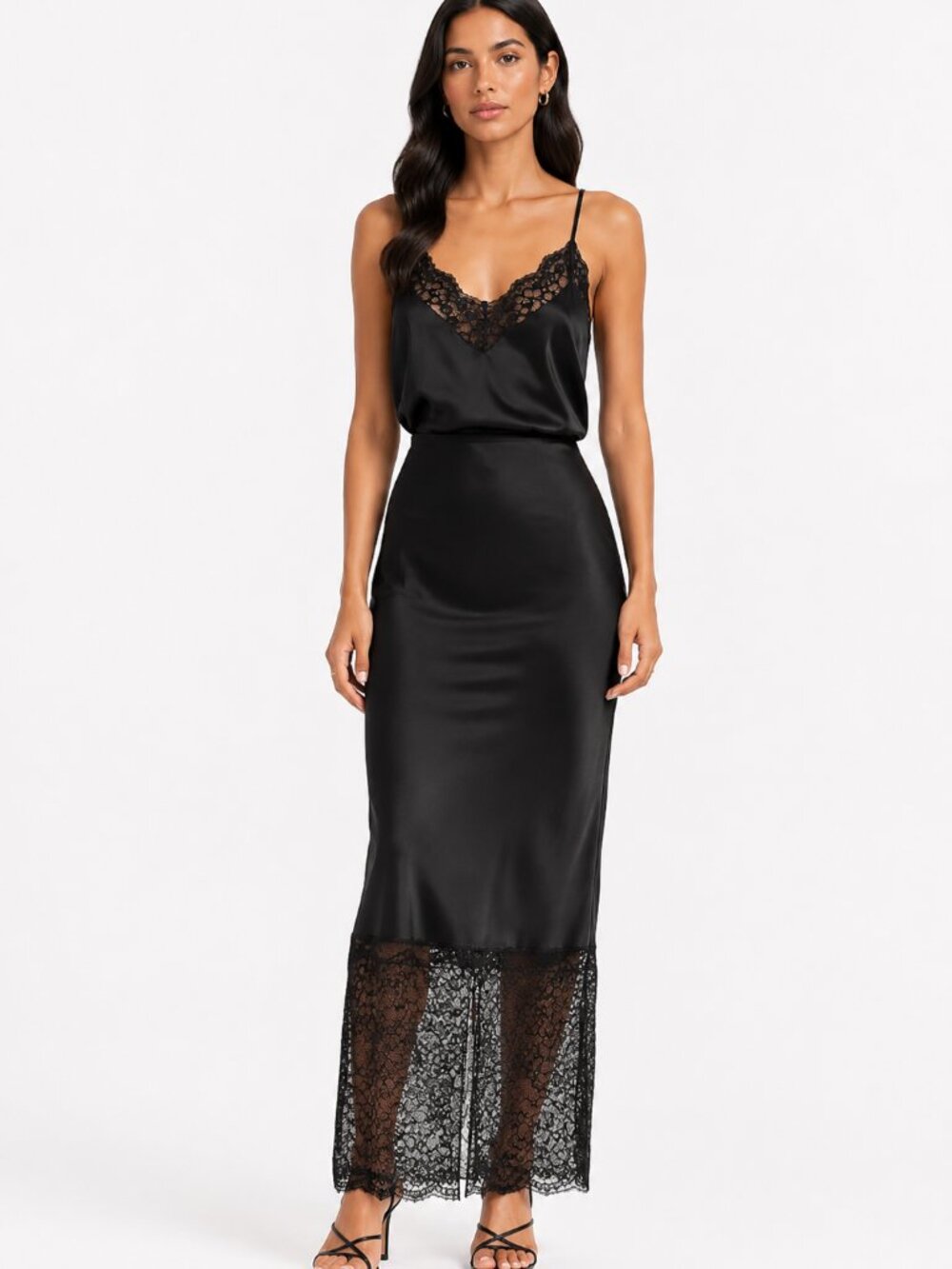 NWT HOUSE OF HARLOW 1960 BLACK SATIN LACE CAMISOLE SLIP SKIRT COORD SET - XS